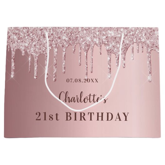 Birthday roze stoffige roos glitter druppelt monog groot cadeauzakje (Voorkant)