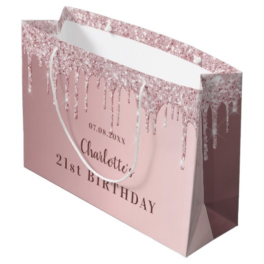 Birthday roze stoffige roos glitter druppelt monog groot cadeauzakje (Achterkant Gekanteld)
