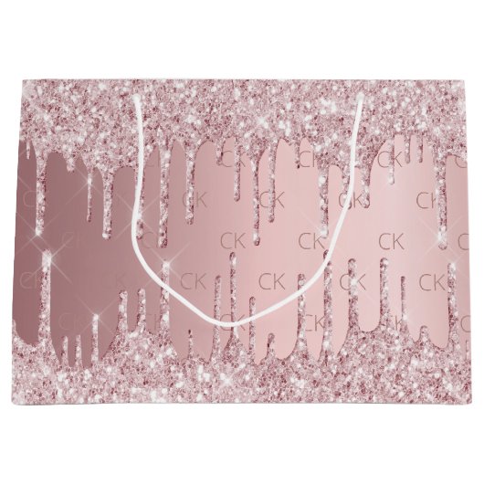 Birthday roze stoffige roos glitter druppelt monog groot cadeauzakje (Voorkant)