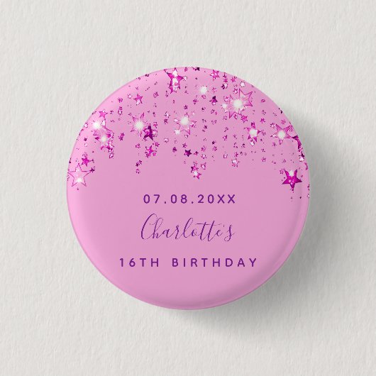 Birthday roze vonk aangepast monogram ronde button 3,2 cm (Voorkant)