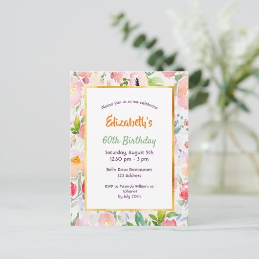 Birthday roze waterkleurige bloemenuitnodiging briefkaart (Staand voorkant)