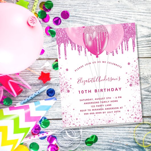 Birthday roze wit meisje ballonvaardige uitnodigin flyer