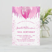 Birthday roze witte glitter ballonpartij kaart (Staand voorkant)