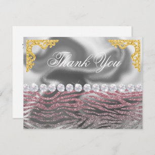 Birthday roze zilver Zebra print glitter Dank je Bedankkaart