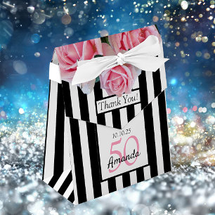 Birthday rozen zwarte witte strepen bedankdoosjes