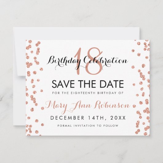 Birthday Save Date Roos Gold Glitter Confetti Save The Date (Voorkant)