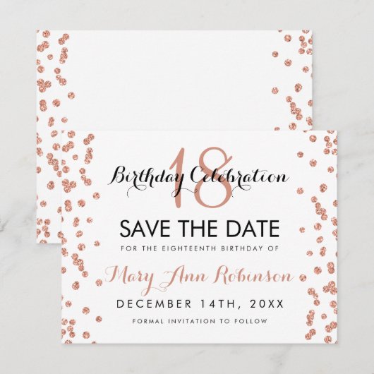 Birthday Save Date Roos Gold Glitter Confetti Save The Date (Voorkant / Achterkant)
