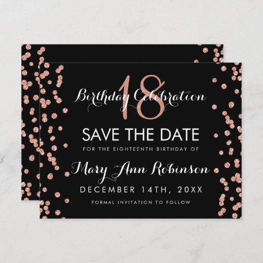 Birthday Save Date Roos Gold Glitter Confetti Save The Date (Voorkant / Achterkant)