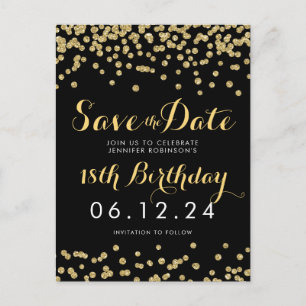 Birthday Save the Date Gold Glitter Confetti Black Aankondigingskaart