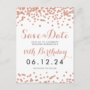Birthday Save the Date Roos Gold Glitter Confetti Aankondigingskaart