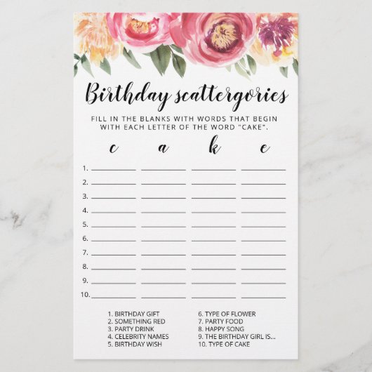 Birthday Scattergories editable game (Voorkant)