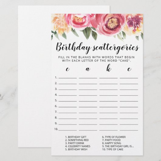 Birthday Scattergories editable game (Voorkant / Achterkant)