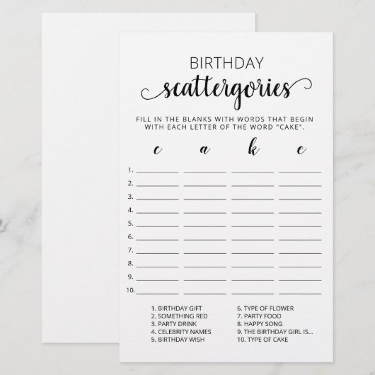 Birthday Scattergories editable game (Voorkant / Achterkant)
