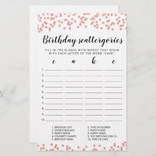 Birthday Scattergories editable game (Voorkant / Achterkant)