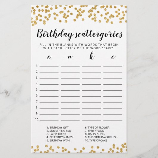 Birthday Scattergories editable game (Voorkant)