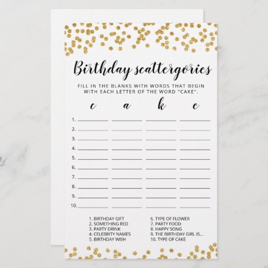 Birthday Scattergories editable game (Voorkant / Achterkant)