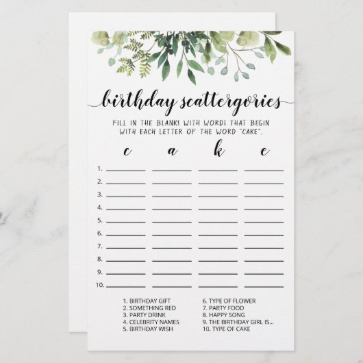 Birthday Scattergories editable game (Voorkant / Achterkant)