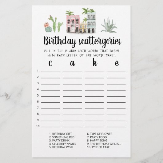 Birthday Scattergories editable game (Voorkant)