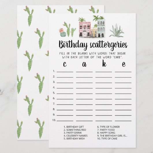 Birthday Scattergories editable game (Voorkant / Achterkant)