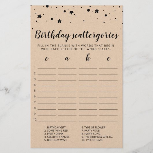 Birthday Scattergories editable game (Voorkant)