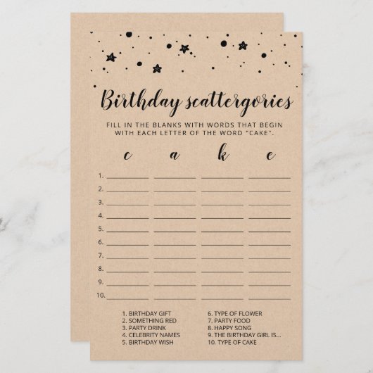 Birthday Scattergories editable game (Voorkant / Achterkant)