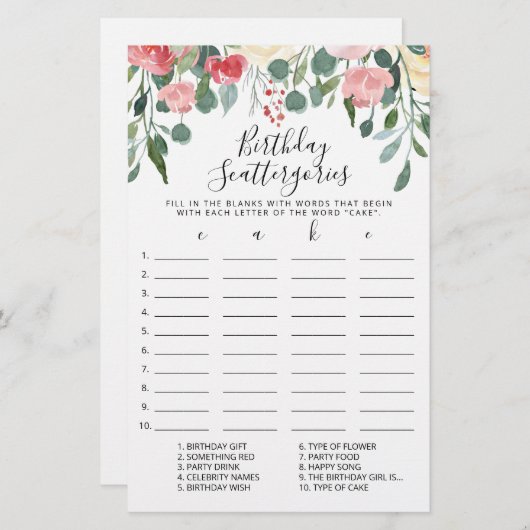 Birthday Scattergories editable game (Voorkant / Achterkant)