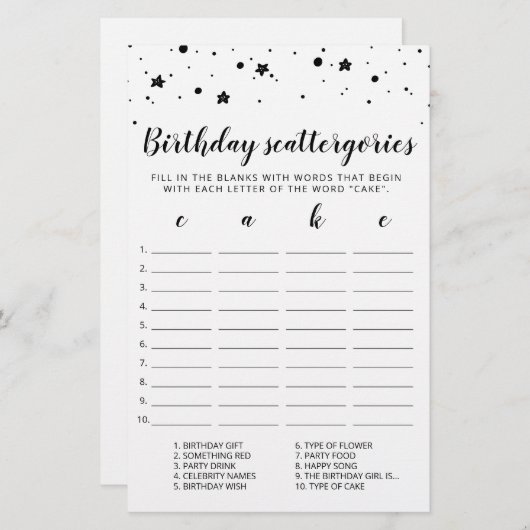 Birthday Scattergories editable game (Voorkant / Achterkant)