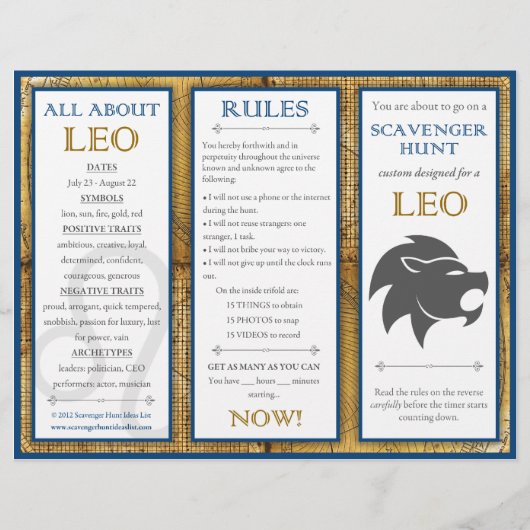 Birthday Scavenger Hunt List: Zodiac Leo Flyer (Voorkant)