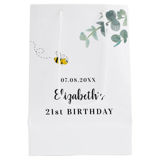 Birthday schattige bijenmonogram eucalyptusgriener medium cadeauzakje (Achterkant)