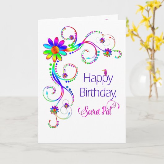 Birthday, Secet Pal, Abstracte Floral-Vivid kleure Kaart (Gele Bloem)