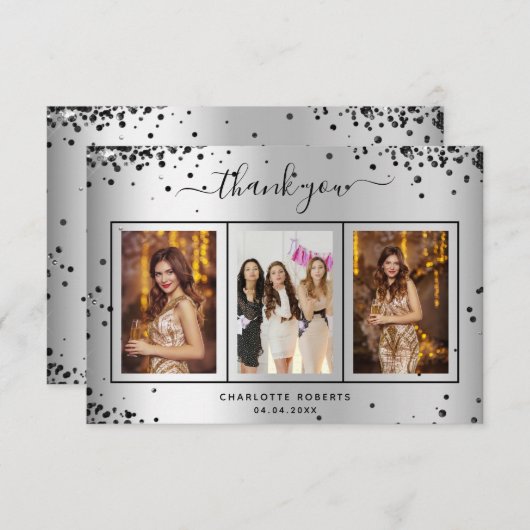 Birthday Silver Black glitter sparkles foto glazuu Bedankkaart (Voorkant / Achterkant)