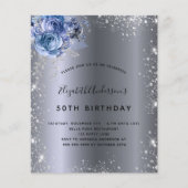Birthday Silver Blauw Filals Glitter-uitnodiging (Voorkant)