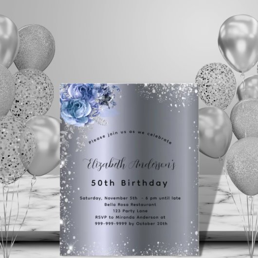 Birthday Silver Blauw Filals Glitter-uitnodiging