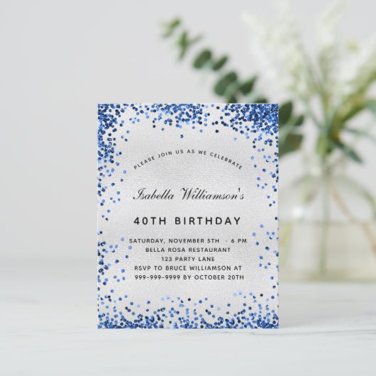 Birthday Silver Blauw Glitter-budgetuitnodiging (Staand voorkant)