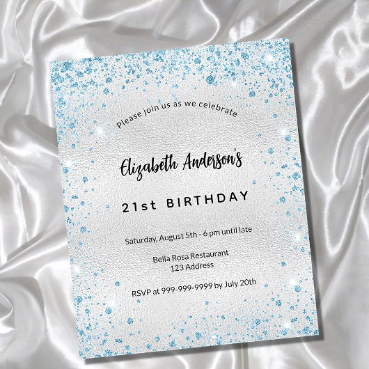 Birthday Silver Blauw Glitter-budgetuitnodiging Flyer