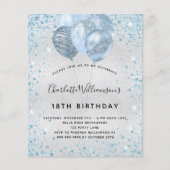 Birthday Silver Blauw Glitter-budgetuitnodiging Flyer (Voorkant)