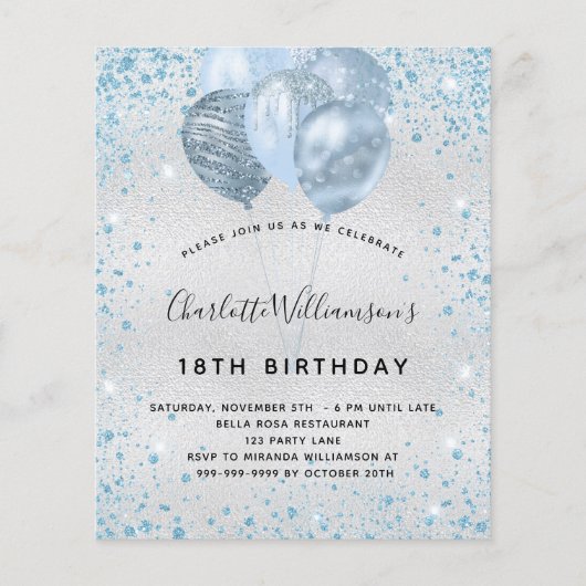 Birthday Silver Blauw Glitter-budgetuitnodiging Flyer (Voorkant)