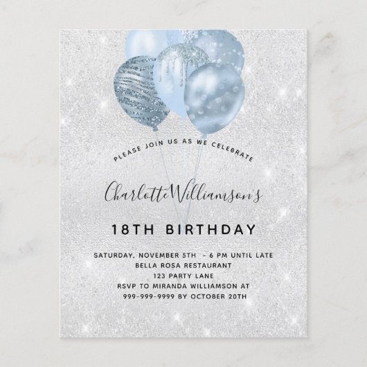 Birthday Silver Blauw Glitter-budgetuitnodiging Flyer (Voorkant)