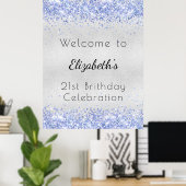 Birthday Silver Blauw Glitter Name Welkom Poster (Thuiskantoor)