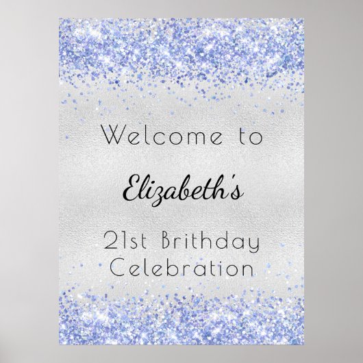 Birthday Silver Blauw Glitter Name Welkom Poster (Voorkant)