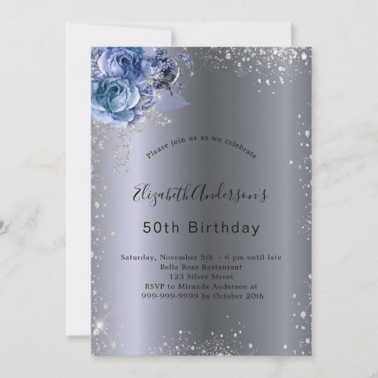 Birthday Silver Blauwe Filmfloraal luxe Kaart (Voorkant)