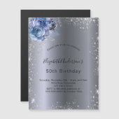 Birthday Silver Blauwe Filmfloraal luxe Magnetische Uitnodiging (Voorkant / Achterkant)