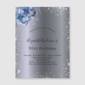 Birthday Silver Blauwe Filmfloraal luxe Magnetische Uitnodiging (Voorkant)
