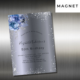 Birthday Silver Blauwe Filmfloraal luxe Magnetische Uitnodiging