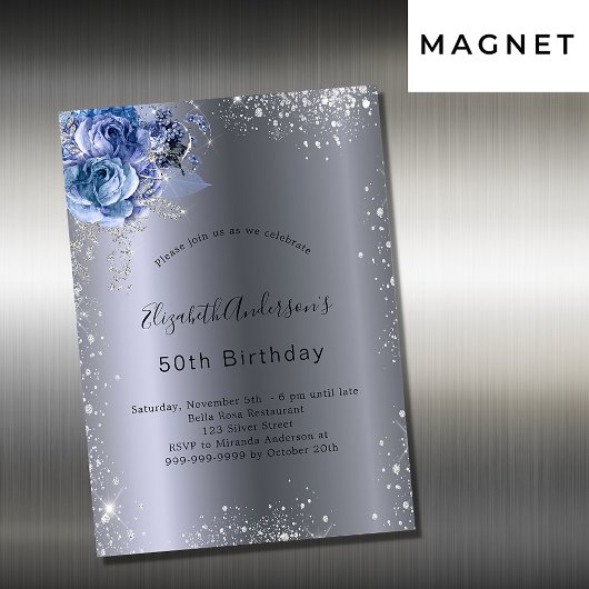 Birthday Silver Blauwe Filmfloraal luxe Magnetische Uitnodiging