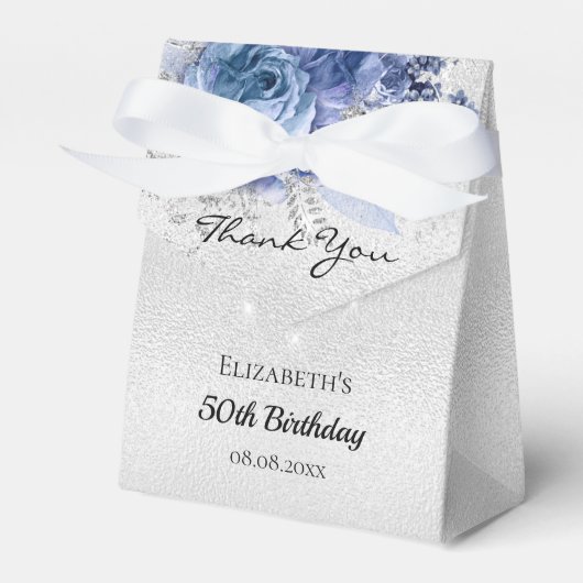 Birthday Silver Blauwe Filmflorals glitter bedankt Bedankdoosjes (Voorkant Zijde)