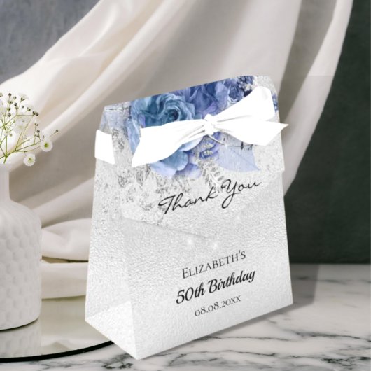Birthday Silver Blauwe Filmflorals glitter bedankt Bedankdoosjes