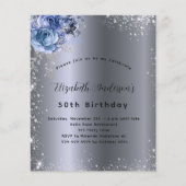 Birthday Silver Blauwe Filorals Begrotingsuitnodig Flyer (Voorkant)