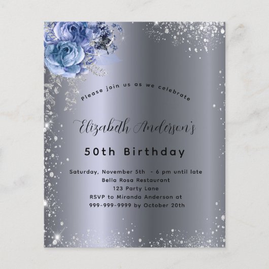 Birthday Silver Blauwe Filorals Begrotingsuitnodig Flyer (Voorkant)