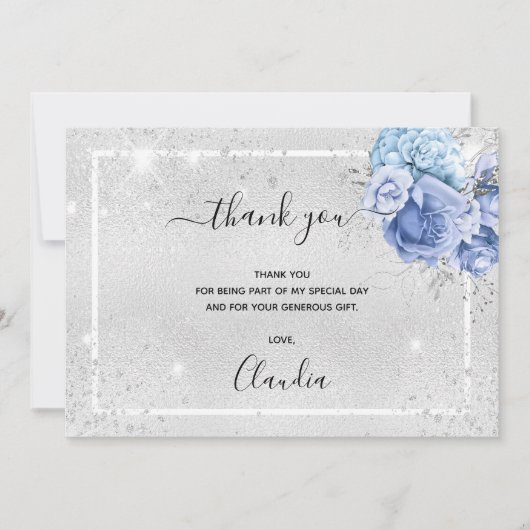 Birthday Silver Blauwe Fotoglitter Bedankkaart (Voorkant)